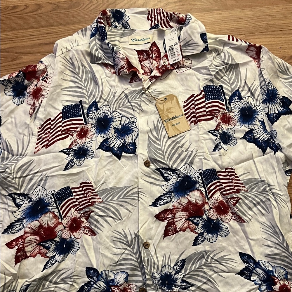 Caribbean big man shirt Red, Blue, and White Floral Flag Shirt